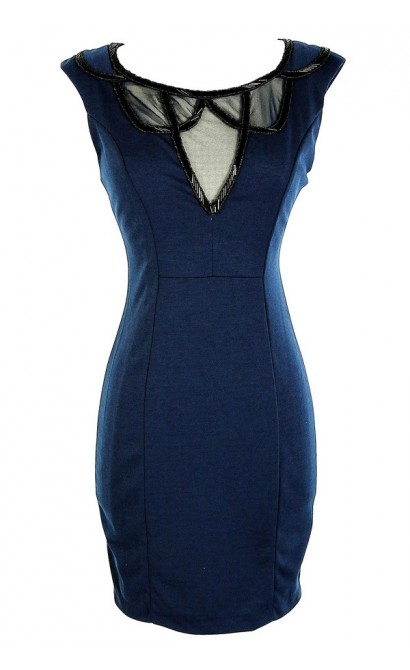 Navy Embellished Neckline Designer Pencil Dress